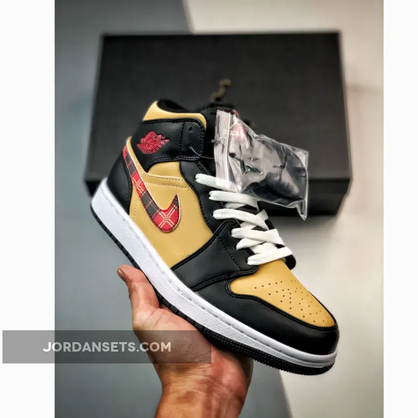 Air Jordan 1 Mid 'Tartan Swoosh' Black/Multi-Color-Sesame-Fire Red-White - air jordan 1 mid se black white multi-color