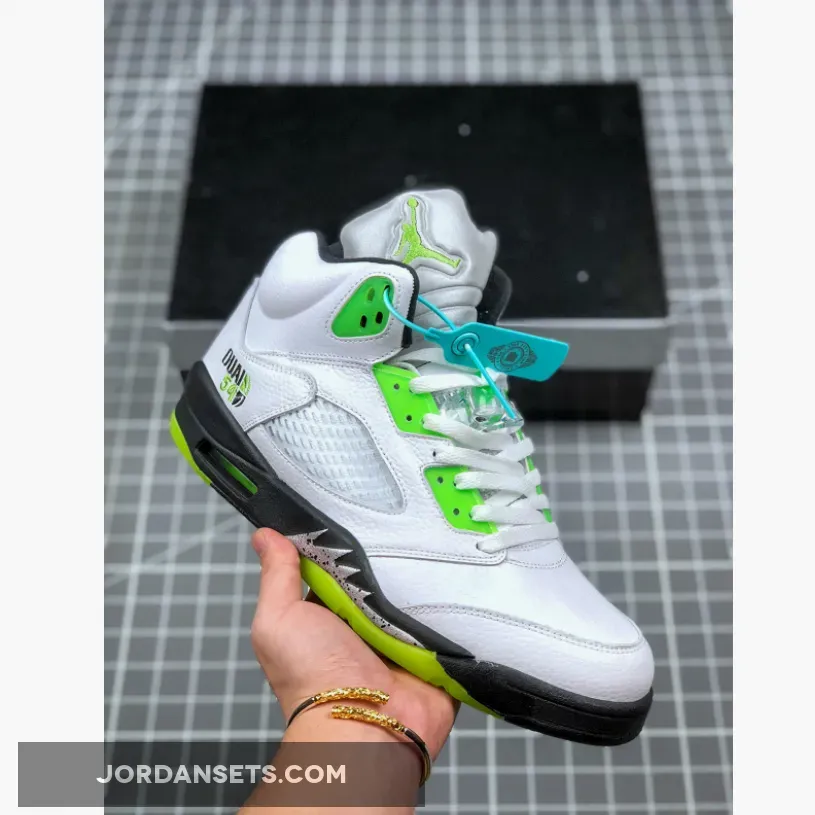 Air Jordan 5 Retro 'Quai 54″ WHITE/BLACK-METALLIC SILVER-RADIANT GREEN - jordan 4 quai 54