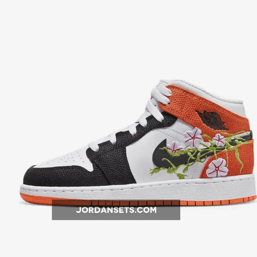 Air Jordan 1 Mid GS Floral Embroidery Black Orange DQ8390-100