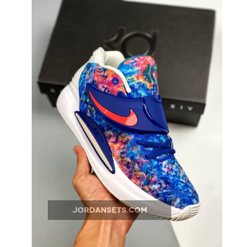 Kd 14 Game Royal Colorful Print Nike KD 14 Deep Royal Blue/Pale Coral CW3935-400