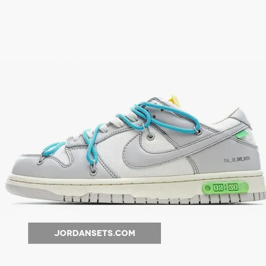Off-White x Nike Dunk Low '02 of 50' Sail/Neutral Grey With Blue Laces - lot 2 dunks