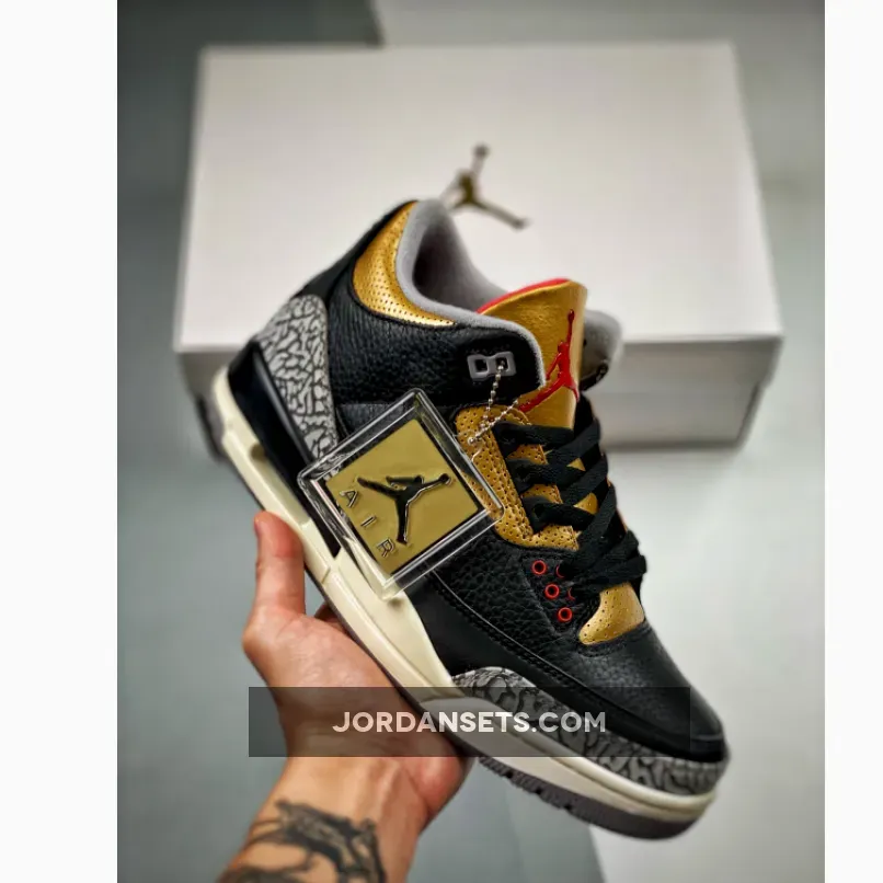Air Jordan 3 "Black Gold" Black/Fire Red-Metallic Gold-Cement Grey