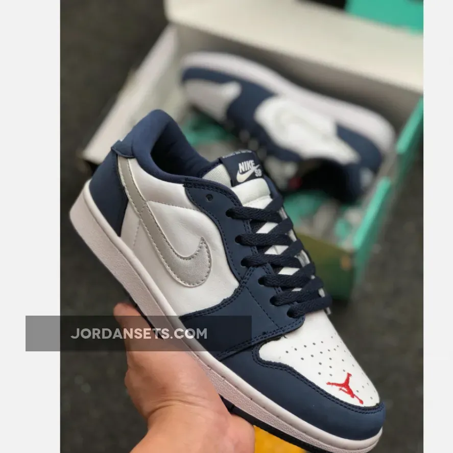 Eric Koston X Air Jordan 1 Low Sb 'Midnight Navy' AJ1 White-Ember Glow-Metallic Silver